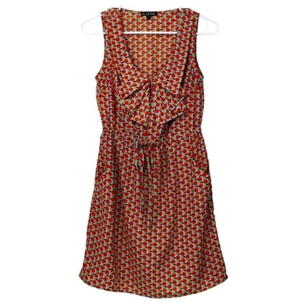 BeBop Women Orange Apple Print Ruffle V-Neck Sleeveless Mini Dress Size S